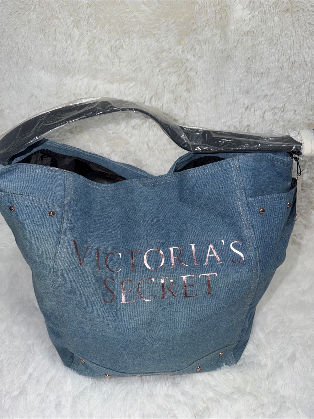 Victoria's Secret Denim Blue Tote with Rose Gold Logo